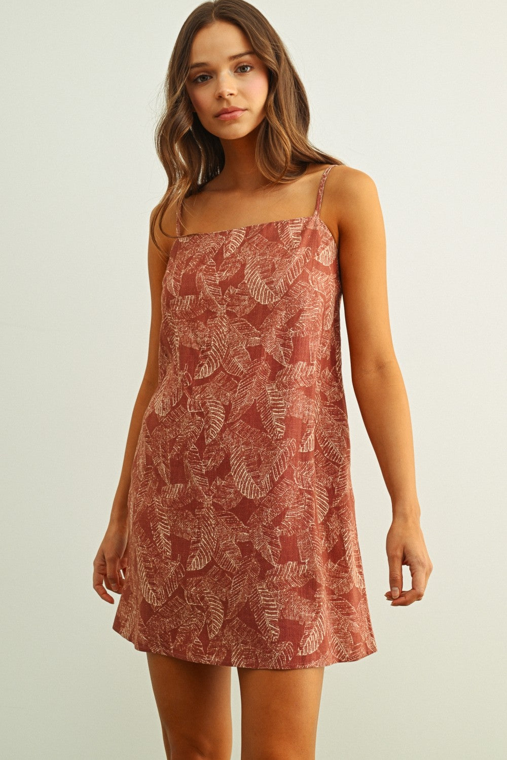 Cotton Linen Leaf Print Easy Dress Brick