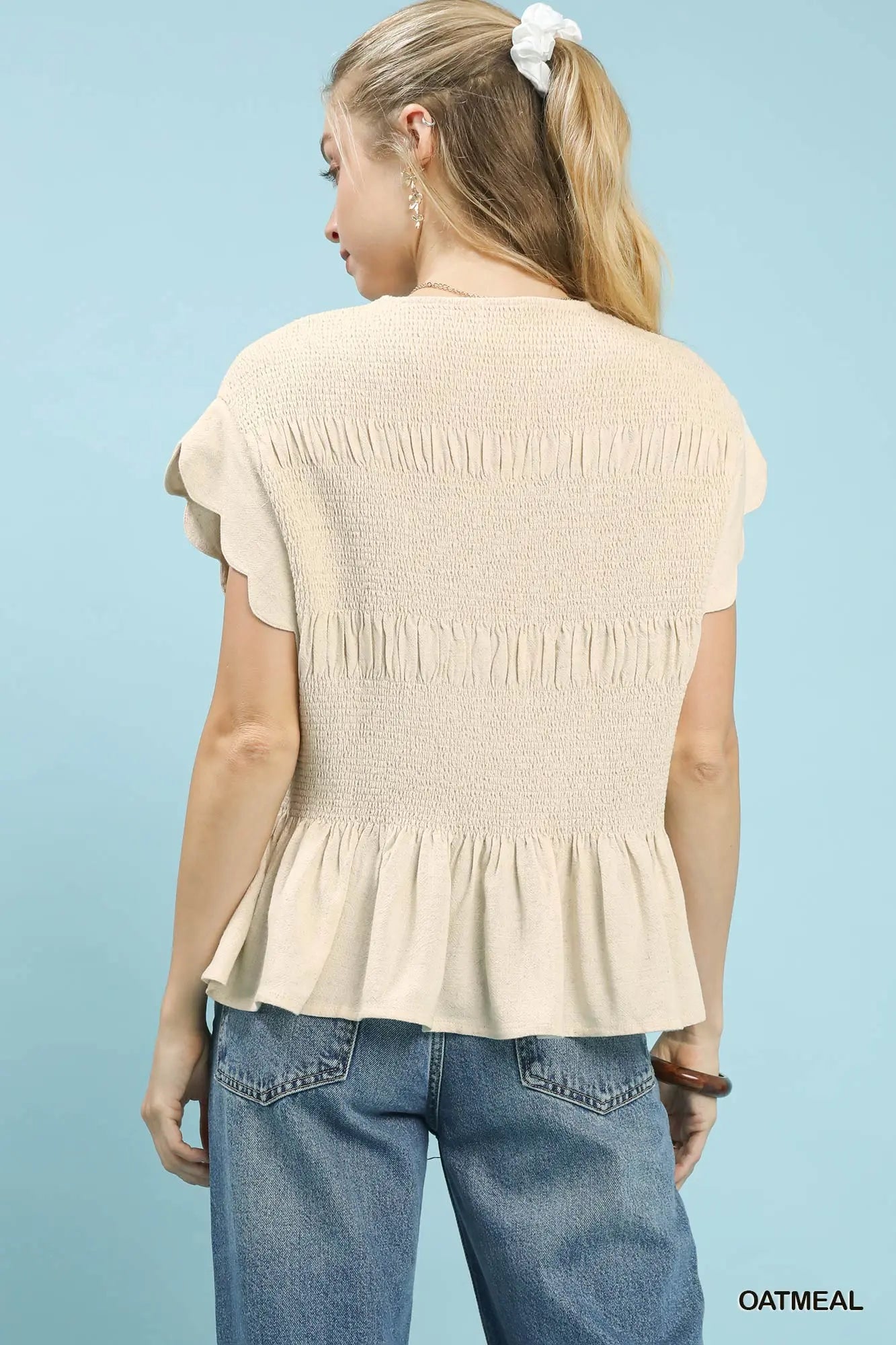 Linen Blend Smocked Top Oat