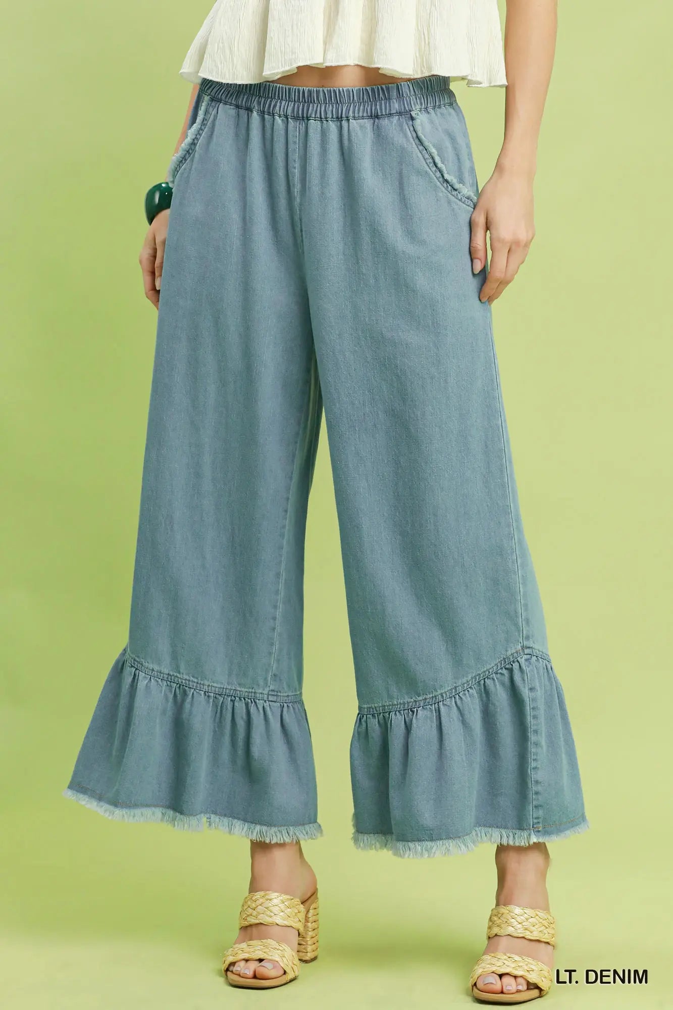 Washed Denim Wide Leg Pants