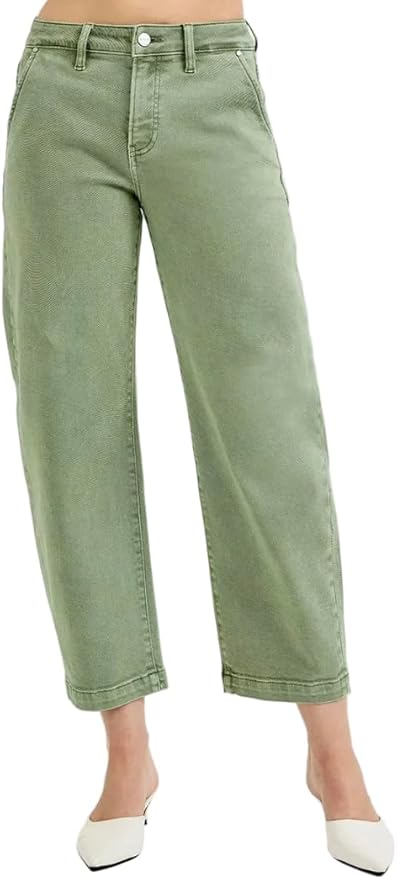 Tummy Control High Rise-Crop Barrel Pants- Olive