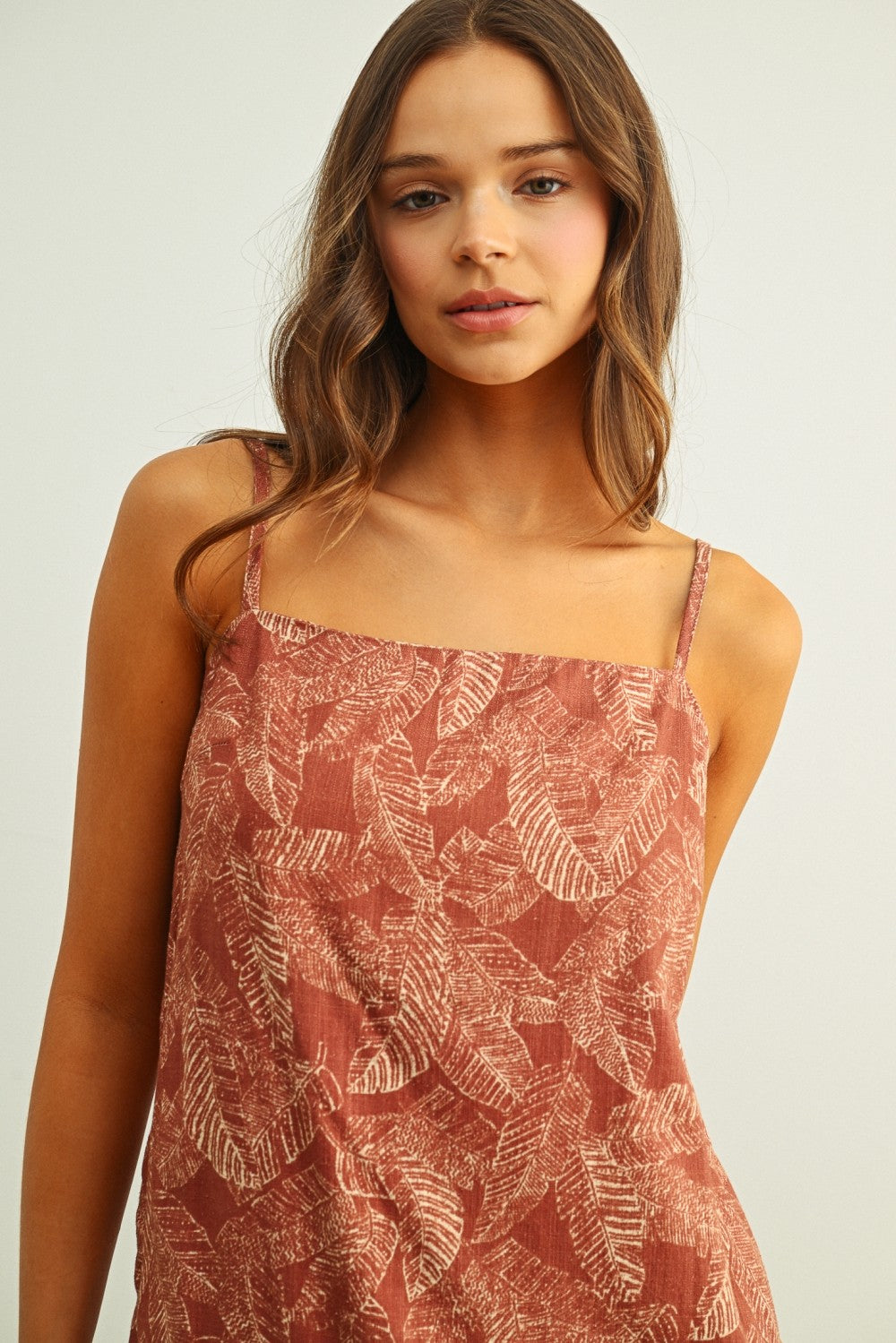 Cotton Linen Leaf Print Easy Dress Brick