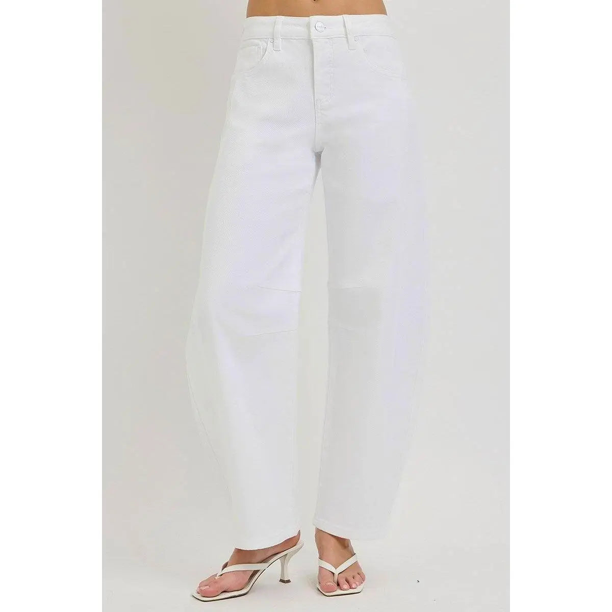 Tummy Control High Rise-Crop Barrel Pants-White