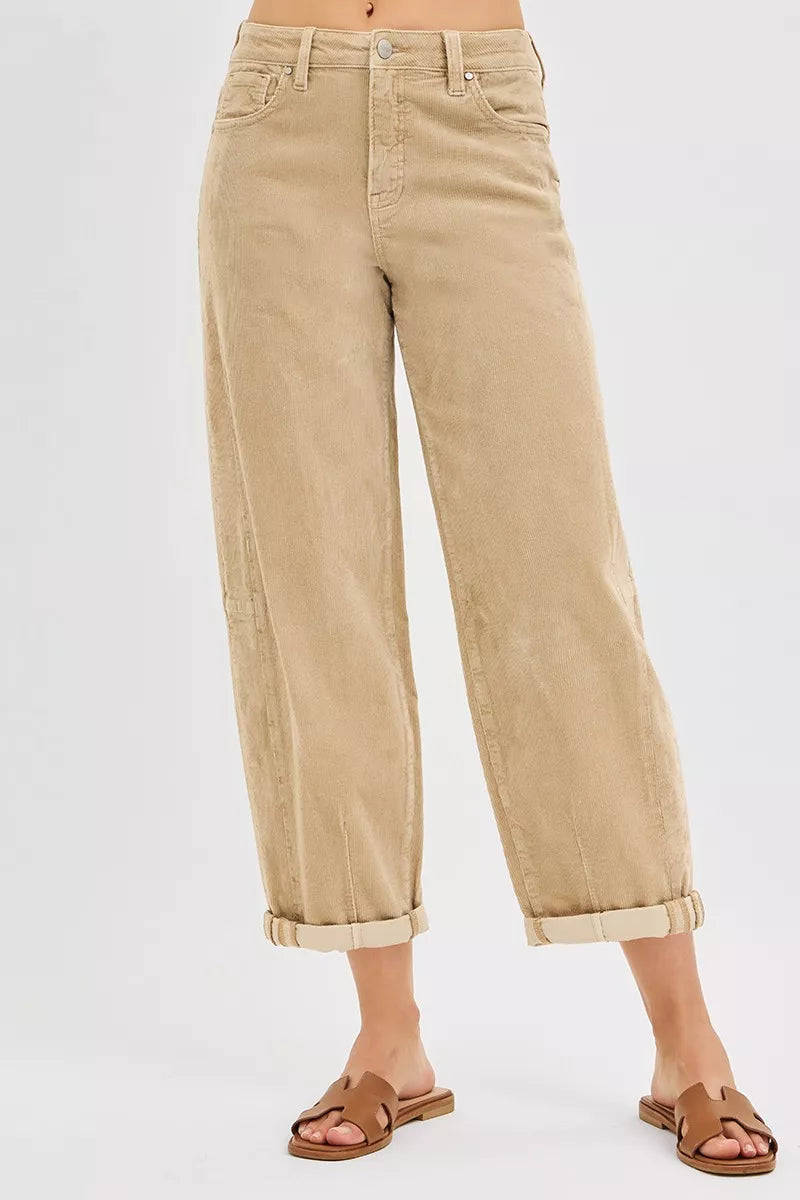 High Rise Crop Barrel Corduroy Pants in Tan