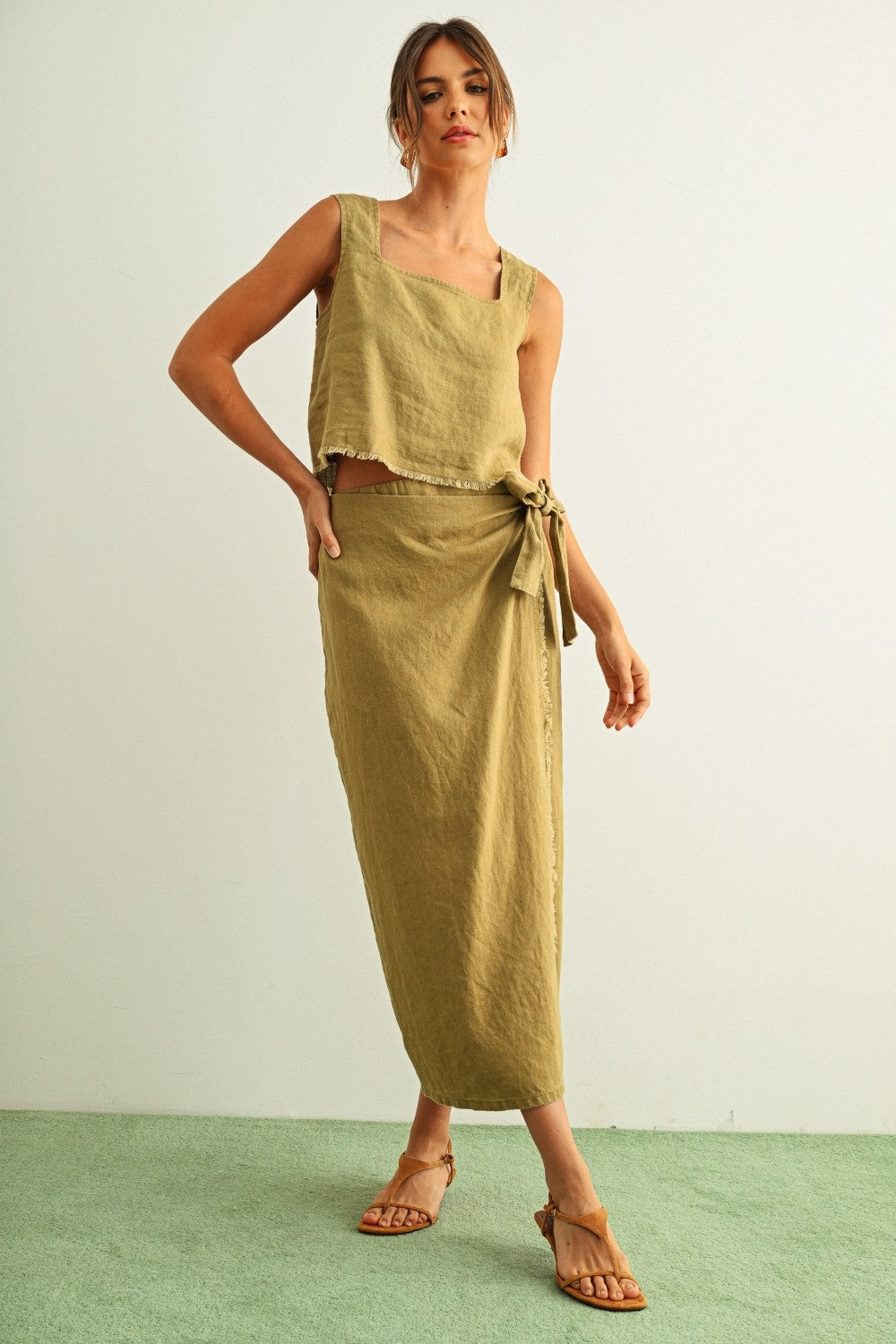Linen Raw Hem Wrap Skirt