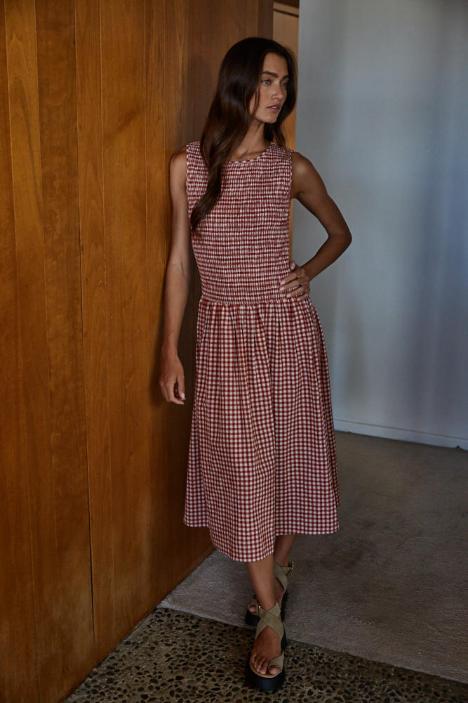 Sayler Gingham Smocked Dress Red