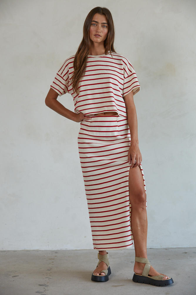 Knit Cotton Striped Top Cream Red