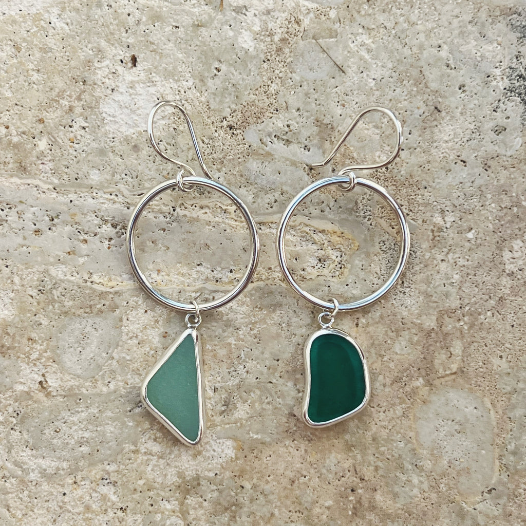 Mix Match Green Sea Glass Hoop Earrings