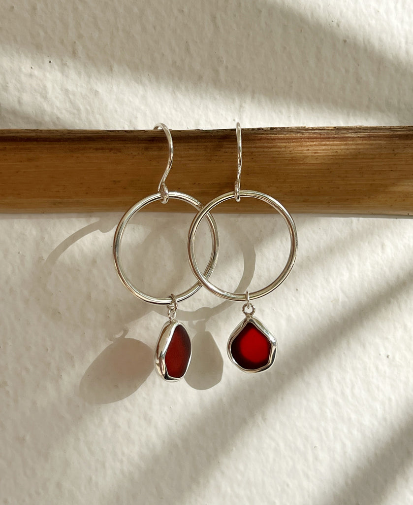 Red Sea Glass Hoop Earrings