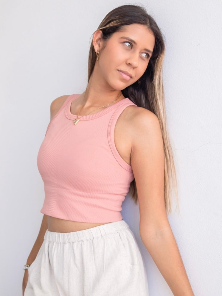 Chevron Highneck Crop Top Ash Rose