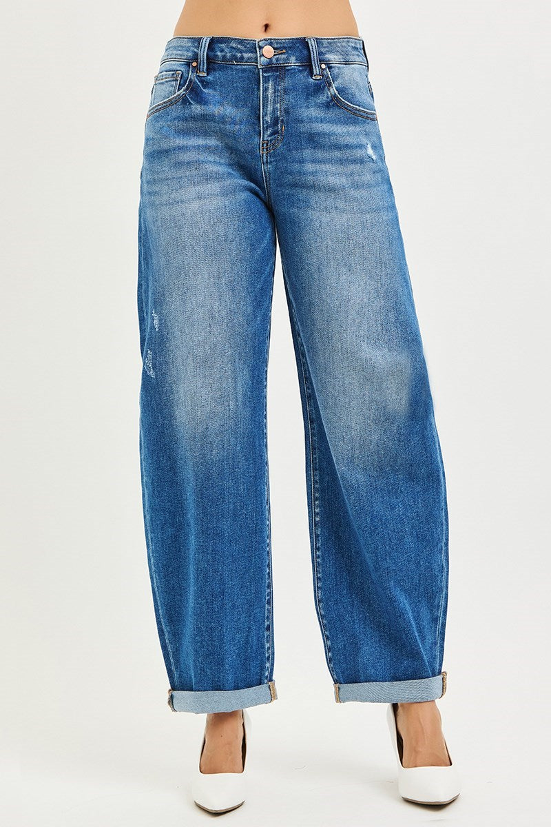 MID RISE BARREL DOUBLE ROLL UP JEANS