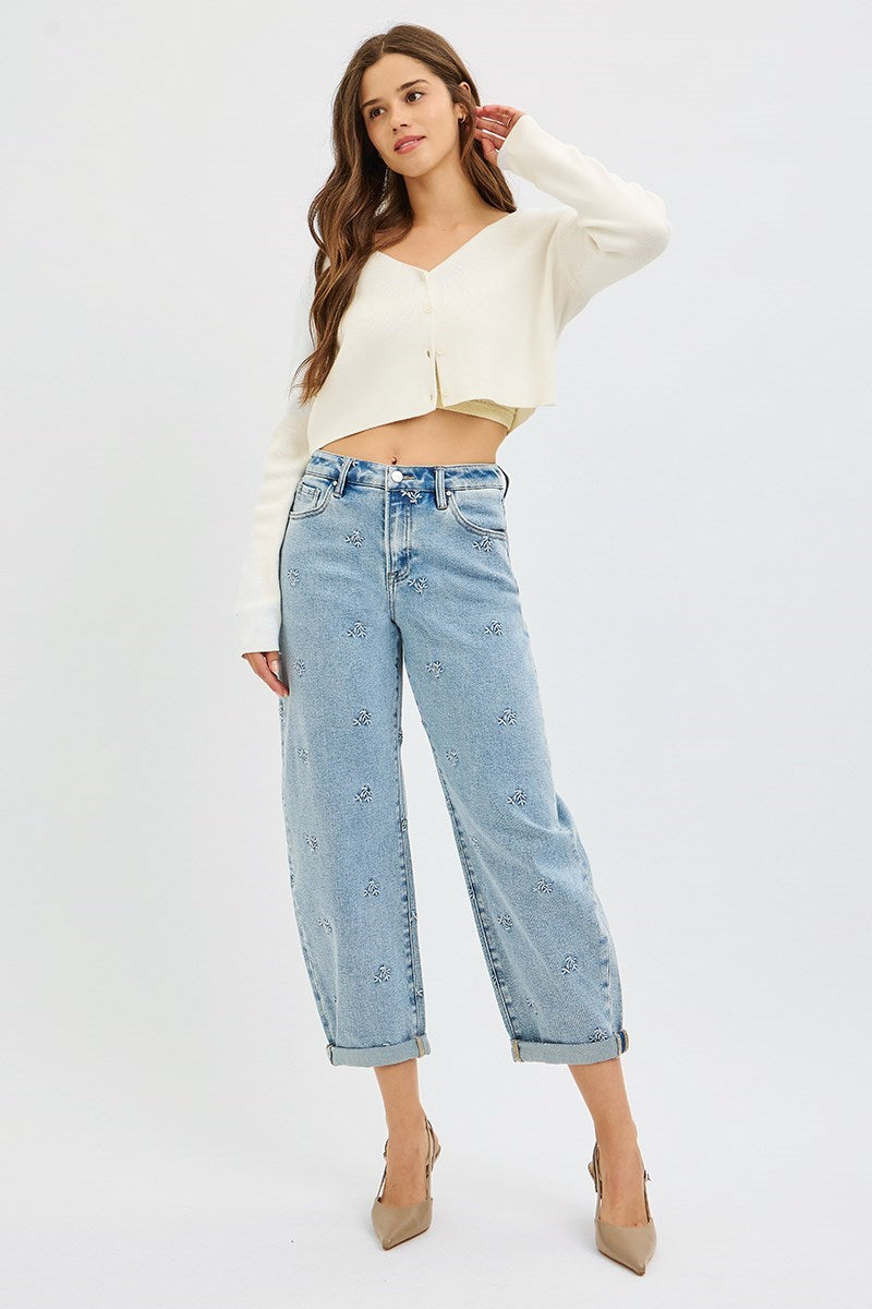 High Rise Embroidered Barrel Jeans