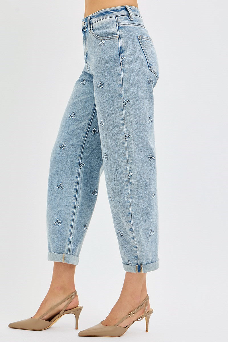 High Rise Embroidered Barrel Jeans