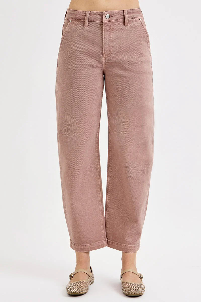 Tummy Control High Rise-Crop Barrel Pants- Mauve