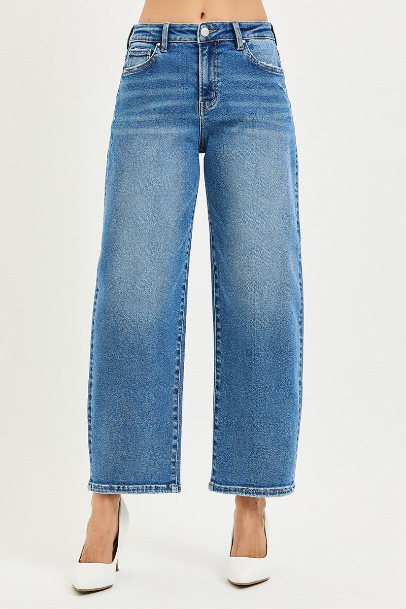Medium Wash High Rise Crop Barrel Jeans