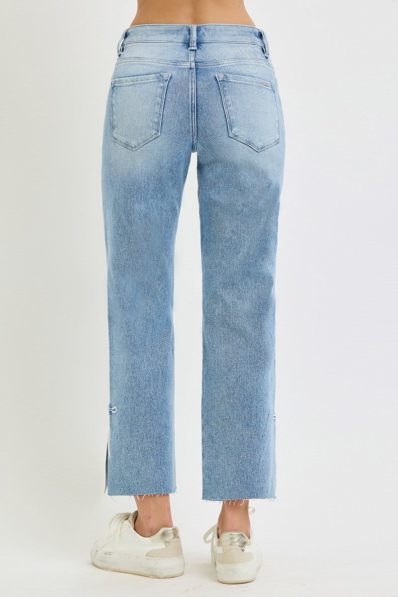 TUMMY CONTROL HIGH RISE CROP STRAIGHT SIDE SLIT AND RIBBON EMBROIDERY JEANS