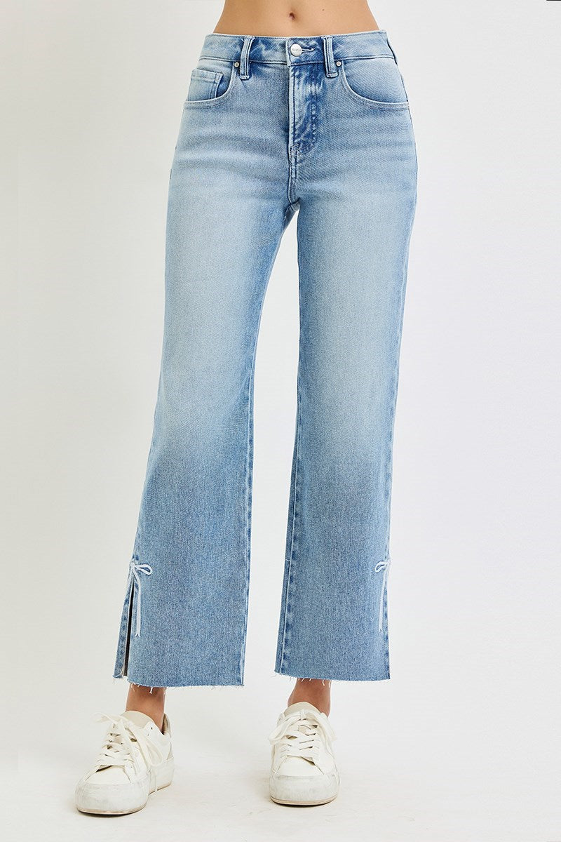 TUMMY CONTROL HIGH RISE CROP STRAIGHT SIDE SLIT AND RIBBON EMBROIDERY JEANS