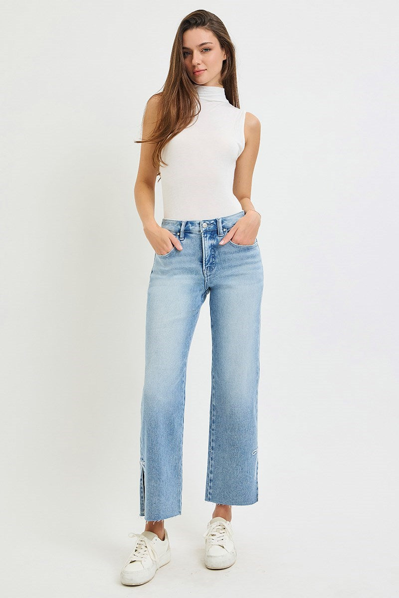 TUMMY CONTROL HIGH RISE CROP STRAIGHT SIDE SLIT AND RIBBON EMBROIDERY JEANS
