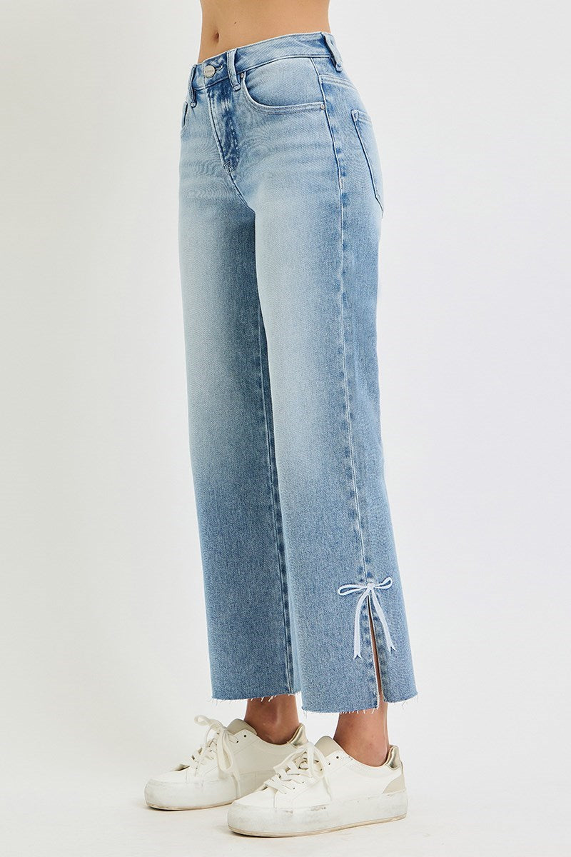 TUMMY CONTROL HIGH RISE CROP STRAIGHT SIDE SLIT AND RIBBON EMBROIDERY JEANS
