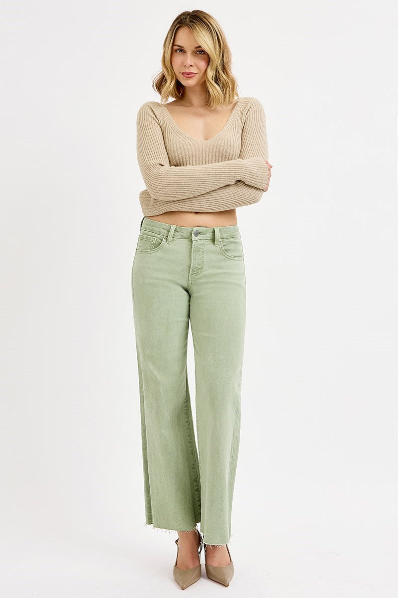 Mid Rise Wide Leg Pants Olive