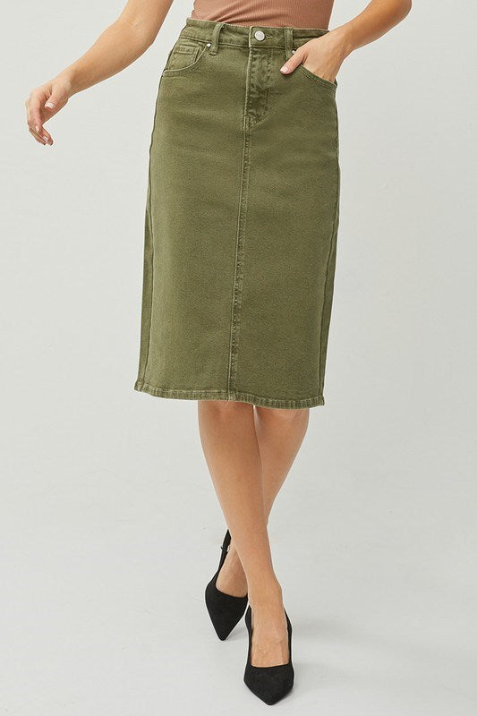 High Rise Back Midi Skirt Moss