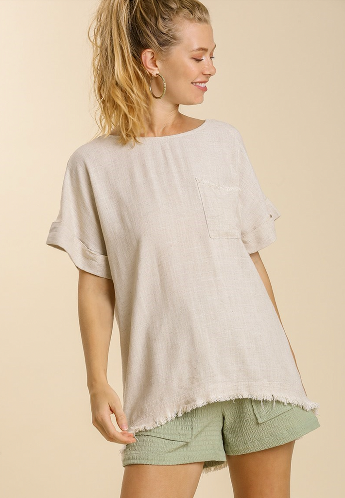 Linen Blend Top with Cuffed Sleeves Oatmeal