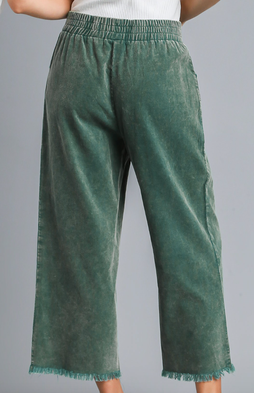 Stone Wash Wide Leg Pant-GREEN