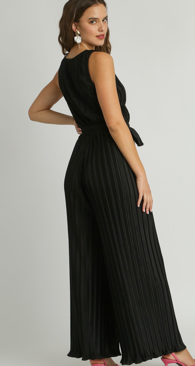 Pleated Wide Leg Jumpsuit - BLACK