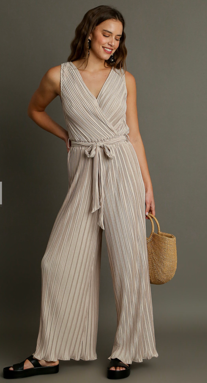 Pleated Wide Leg Jumpsuit - STONE