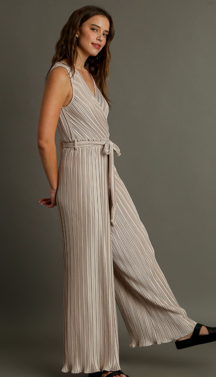 Pleated Wide Leg Jumpsuit - STONE