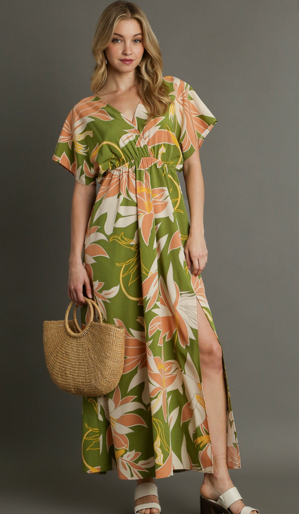 Floral Print Maxi Dress - OLIVE