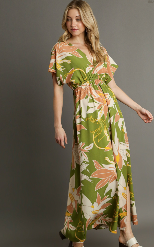 Floral Print Maxi Dress - OLIVE