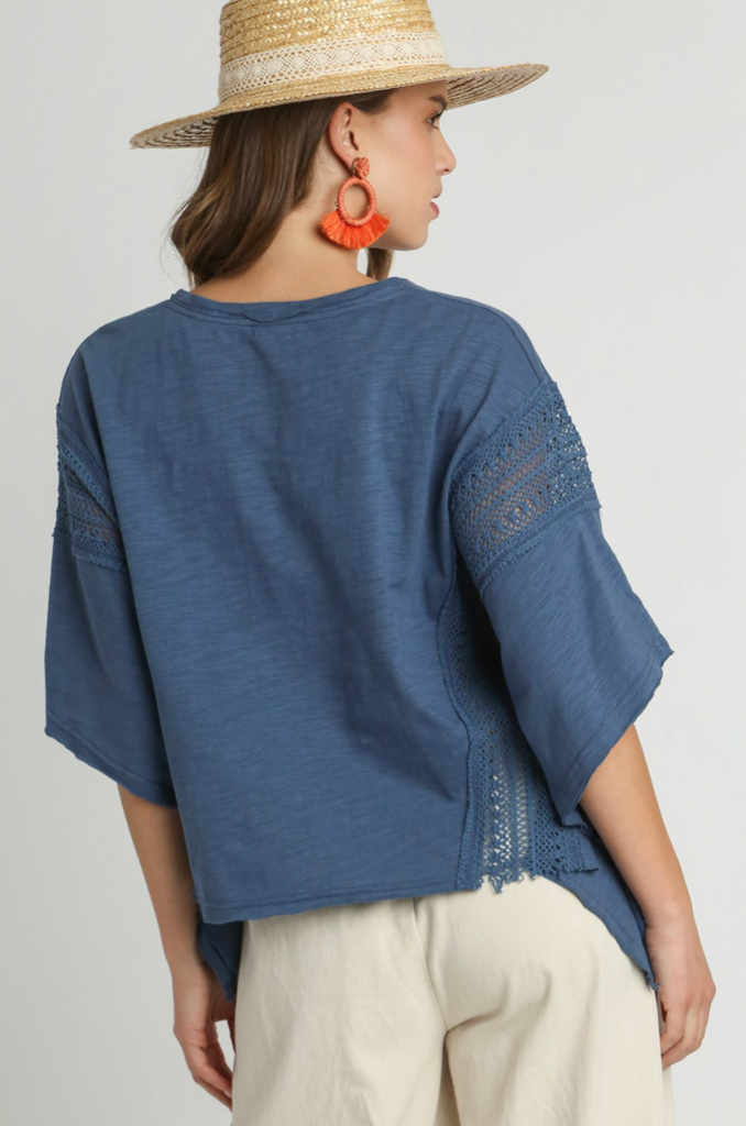 Slub Cotton Knit Top with Lace Trim - DENIM BLUE