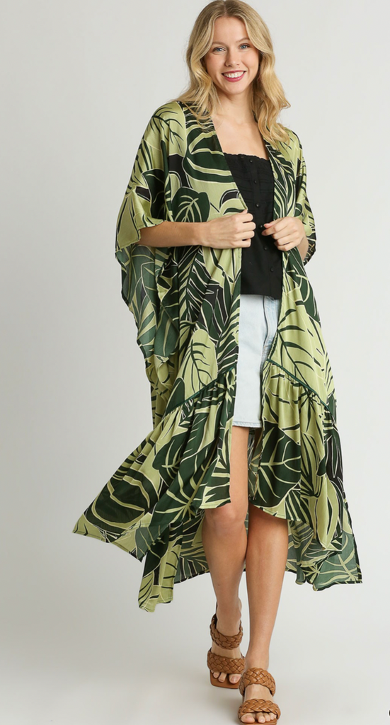 Satin Tropical Print Kimono - GREEN