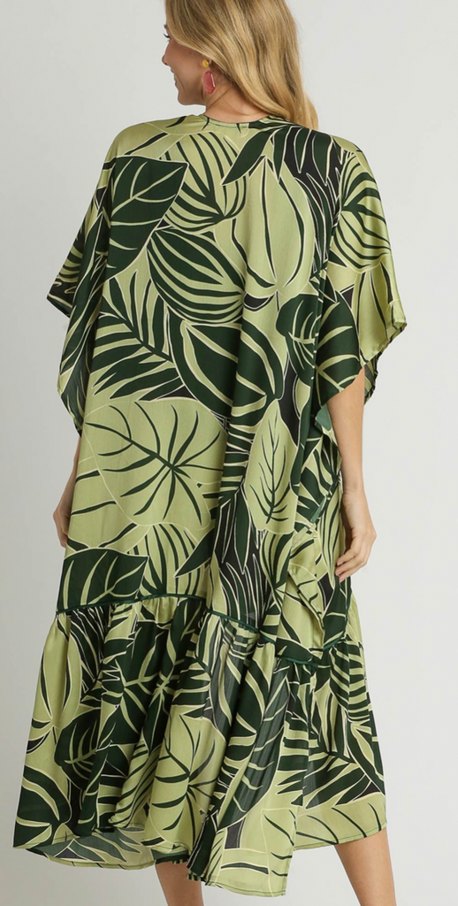 Satin Tropical Print Kimono - GREEN