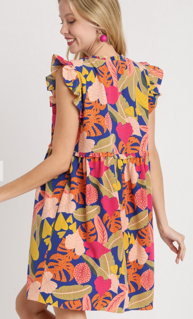 Tropical Print Flutter Sleeve Dress - BLUE