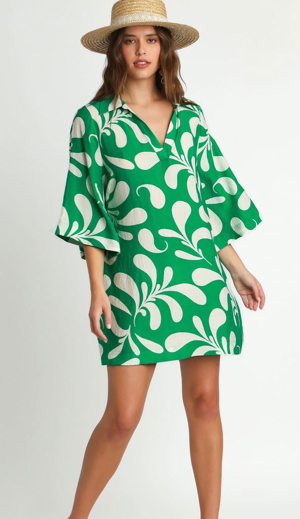 Crinkle Print Collared Dress - GREEN
