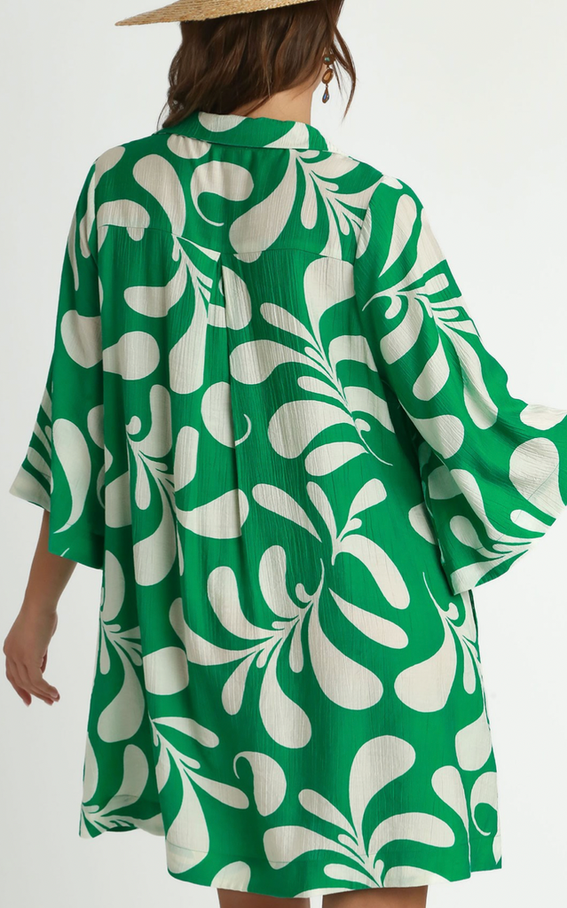 Crinkle Print Collared Dress - GREEN