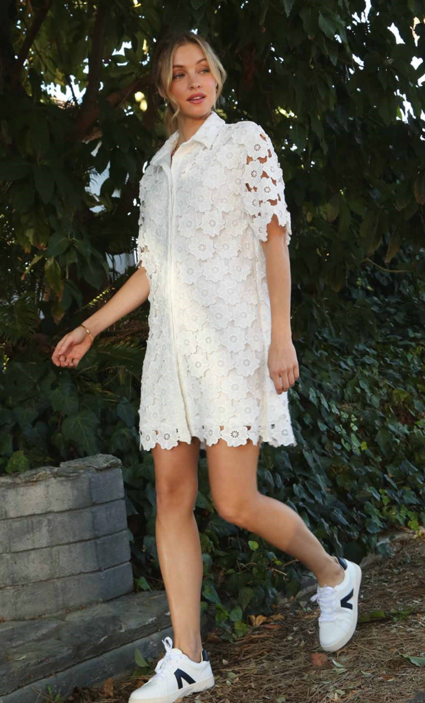 Floral Lace Button Down Dress - OFF WHITE