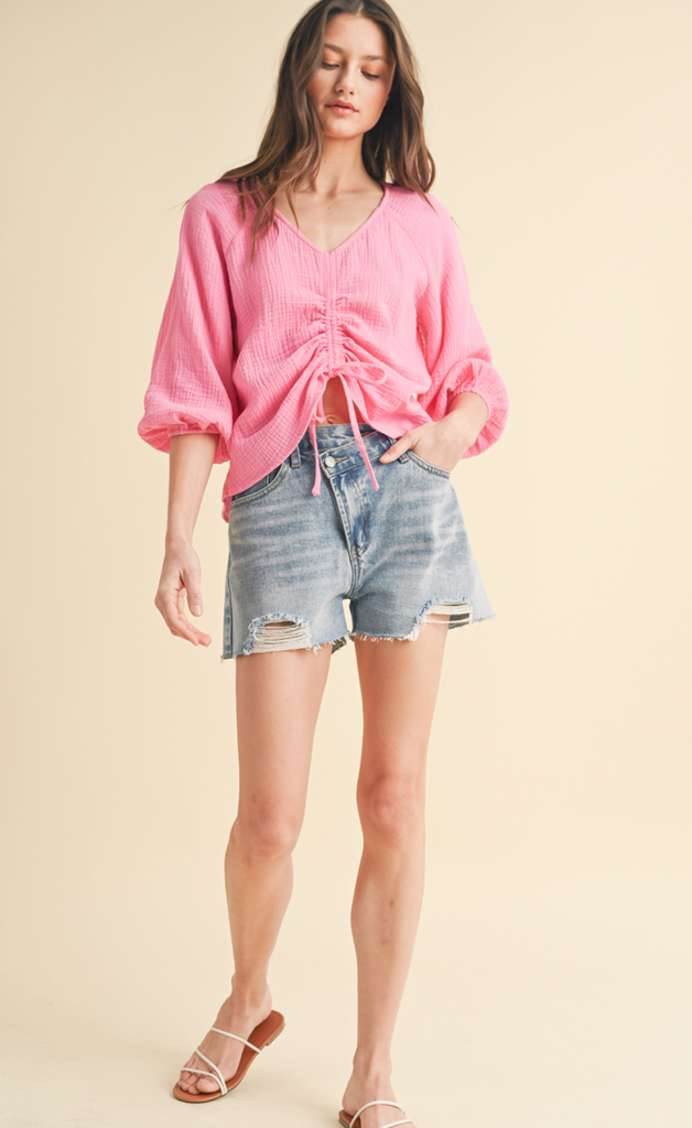 Cotton Gauze Ruched Top - HIBISCUS