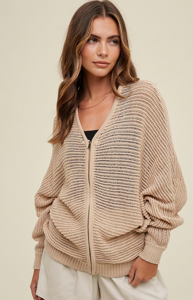 Oversized Cotton Knit Zip Up Sweater - TAUPE