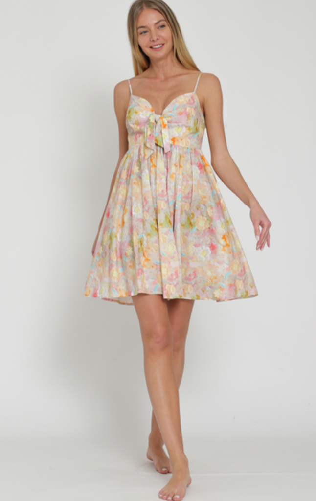 FLORAL TIE FRONT MINI DRESS - Pink