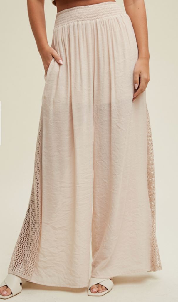 CROCHET DETAIL WIDE LEG PANTS - CHAMPAGNE