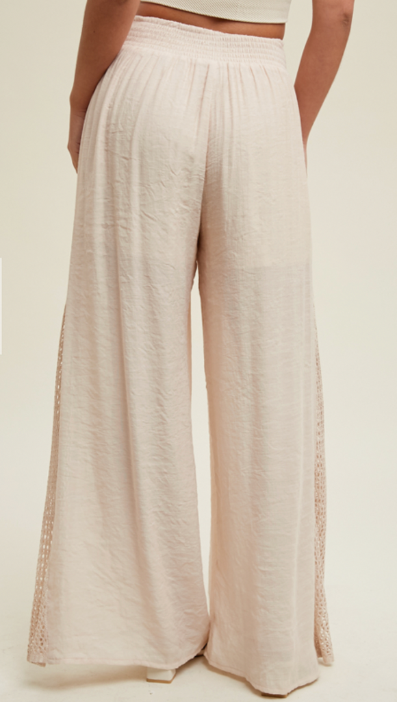 CROCHET DETAIL WIDE LEG PANTS - CHAMPAGNE