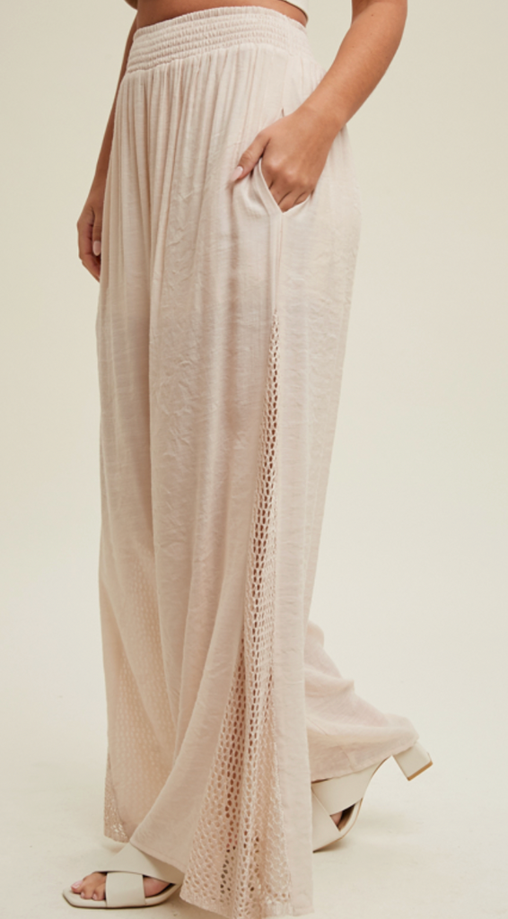 CROCHET DETAIL WIDE LEG PANTS - CHAMPAGNE