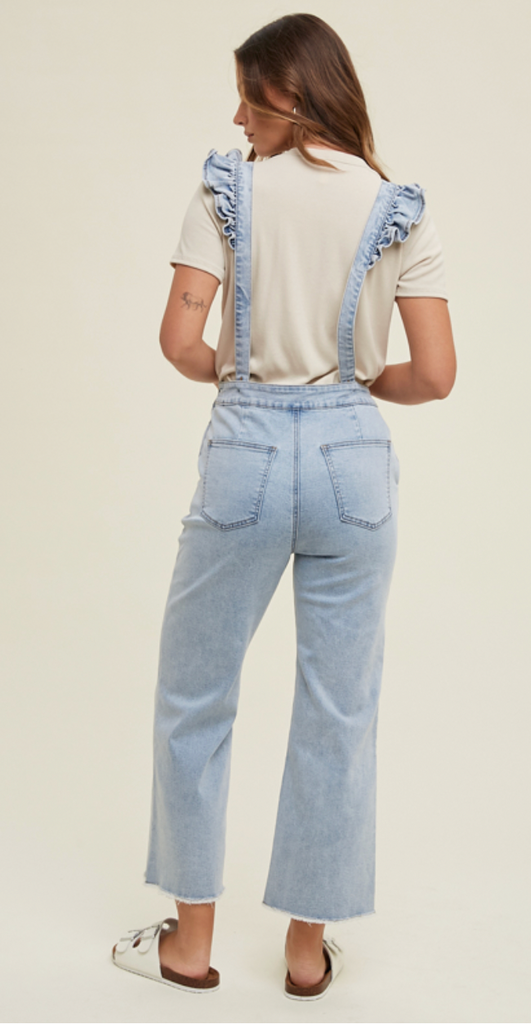 DENIM RUFFLE SUSPENDER OVERALLS