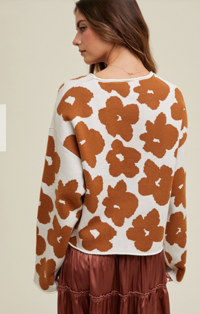 FLORAL JACQUARD CROP SWEATER- CAMEL