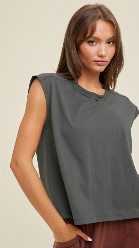 RELAXED CROP MUSCLE TEE-CHARCOL