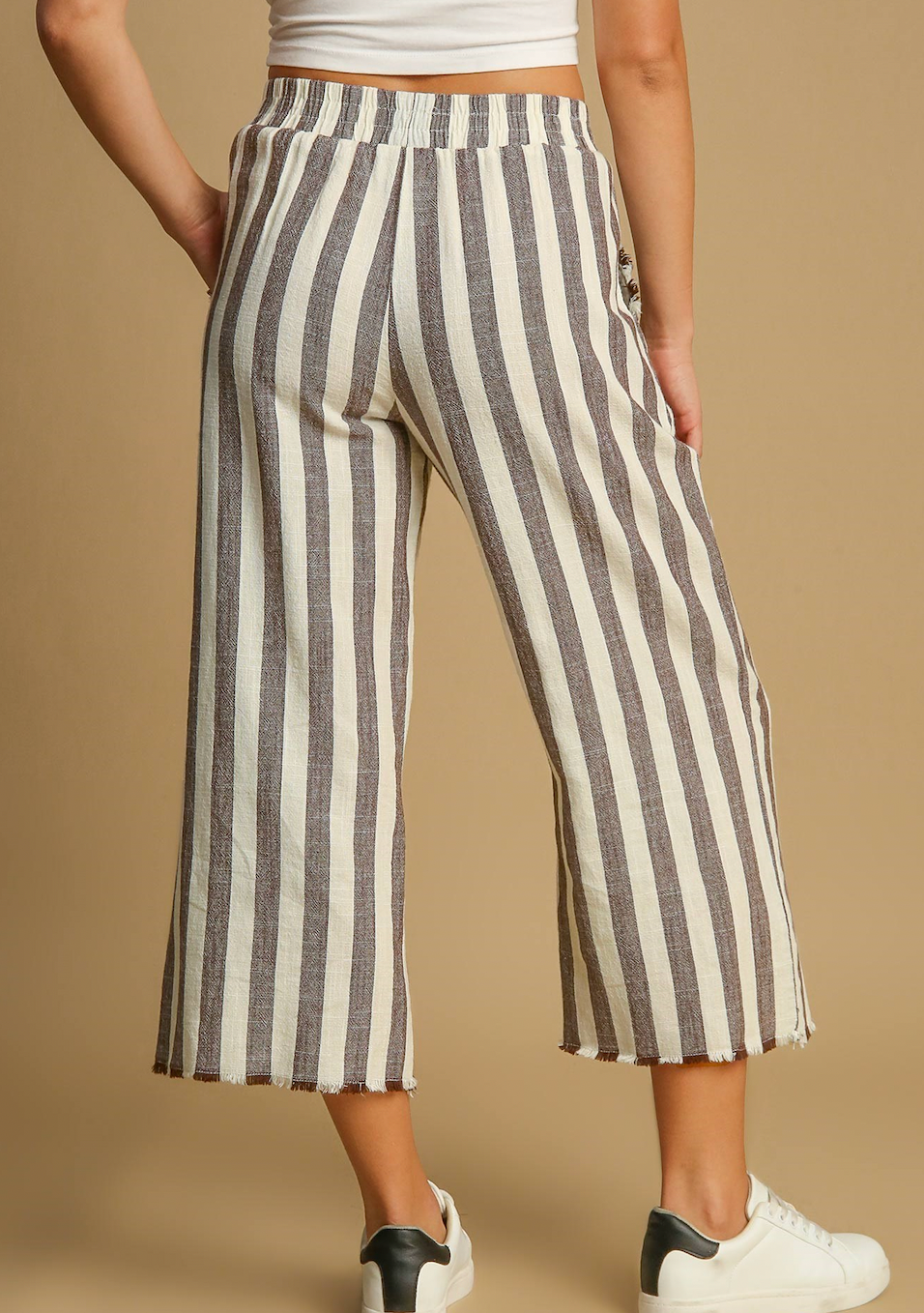 Linen Striped Waistband Pants Chocolate