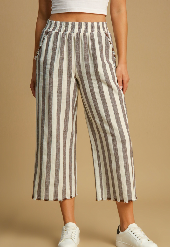 Linen Striped Waistband Pants Chocolate