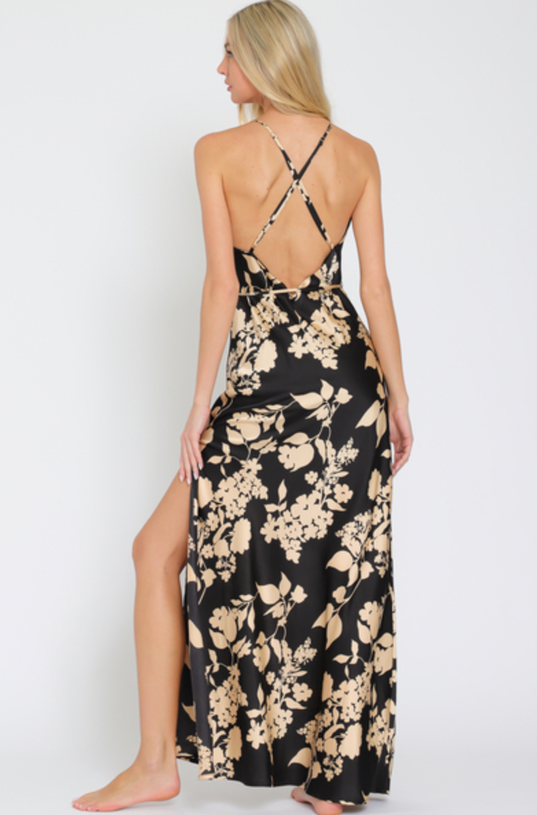 V-neck belted maxi dress